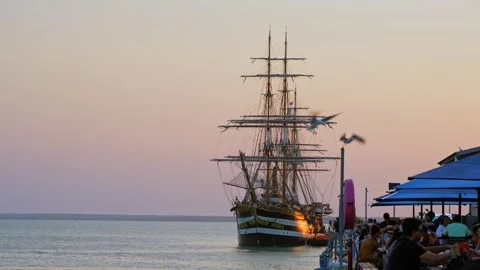 Italian training ship Amerigo Vespucci docked at Fort Hill Wharf in Darwin Stock Footage 287680153