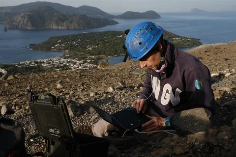 Italian vulcanologist work on Vulcano 写真素材