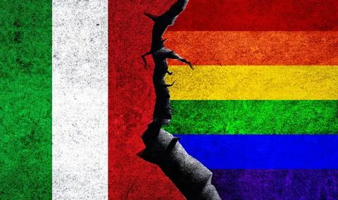 Italy and LGBTQ flags on a wall with crack 스톡 일러스트