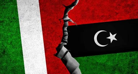 Italy and Libya flags on a wall with a crack. Libya and Italy relations. It.. Stock Illustration