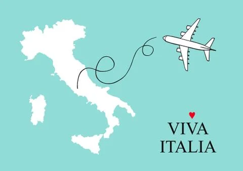 Italy and Sicily map postcard design vector, map card with plane outline on a Illustrazione stock