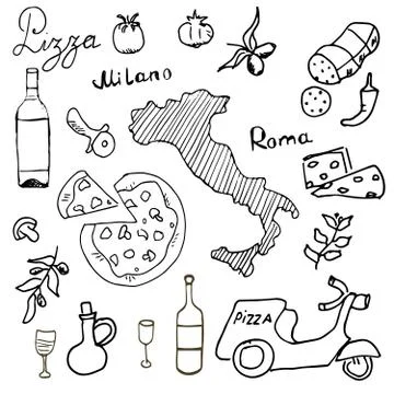 Italy doodles elements. Hand drawn set with pizza scooter, wine, cheese and m Stock Illustration