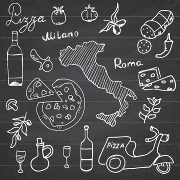 Italy doodles elements. Hand drawn set with pizza scooter, wine, cheese and m 스톡 일러스트