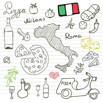 Italy doodles elements. Hand drawn set with pizza scooter, wine, cheese and m 스톡 일러스트