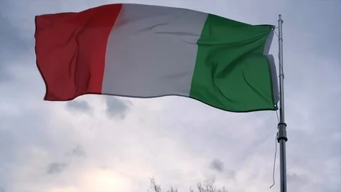The Italy Flag Blowing in the wind on over cast day in slow motion as bird flys Stock Footage