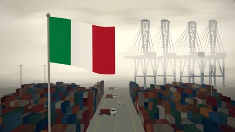 Italy Flag Flying Over A Container Port Terminal In Morning Haze Stock Footage 344474580