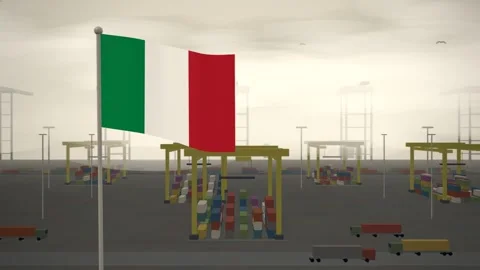 Italy Flag Flying Over Container Terminal Stacking Yard seamless loop Stock-Footage 344781881