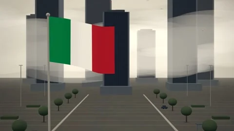 Italy Flag Flying Over Downtown City Skyline Towers seamless loop 스톡 동영상 344703452