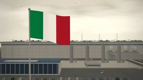 Italy Flag Flying Over Semiconductor Fabrication Plant Cleanroom seamless loop Stock Footage 344782090