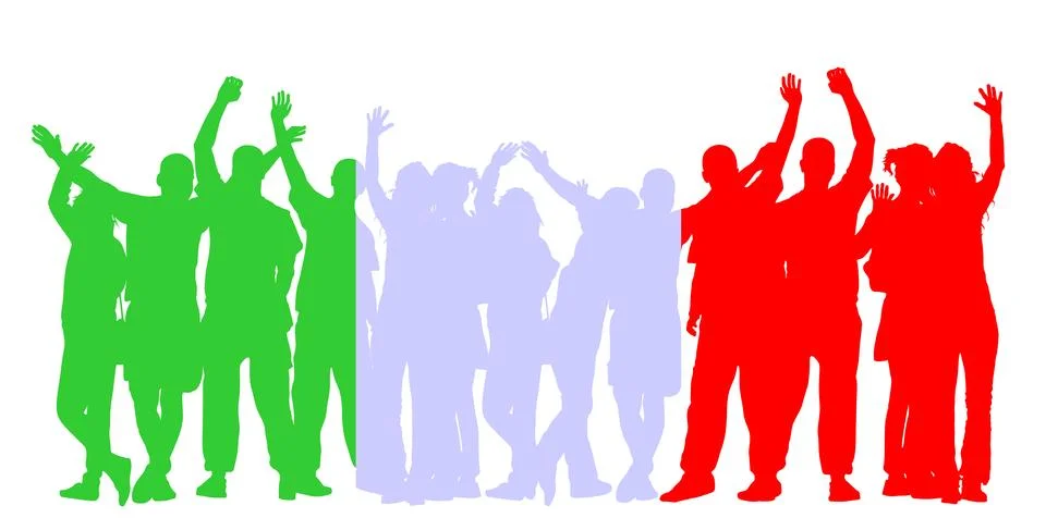Italy flag over happy people waving hands vector silhouette Ilustração Stock