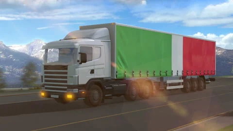 Italy flag shown on the side of a large truck Stock Footage 122100945