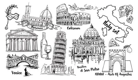 Italy Landmark Vector Sketch Set. Coliseum, bridges Venice, tower Pisa, Vatican Illustrazione stock