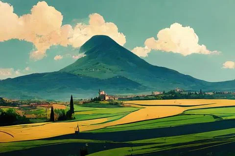 Italy Landscape, Beautiful, clouds fields mountains Stock Illustration