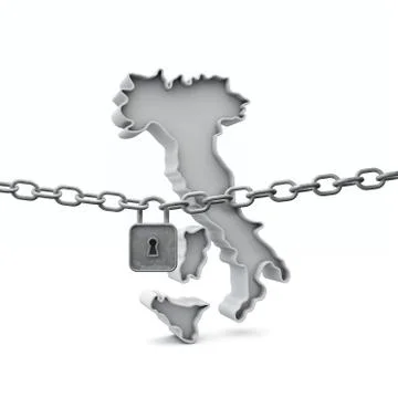 Italy lockdown concept. Map with lock and chain. 3D Render Stock Illustration