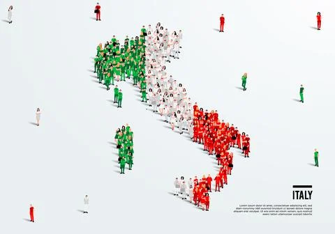 Italy Map and Flag. A large group of people in Italian flag color. Stock Illustration
