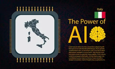 Italy map with microchip war and AI concept on circuit board, Power of AI w.. イラスト素材