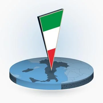 Italy map in round isometric style with triangular 3D flag of Italy Stock Illustration
