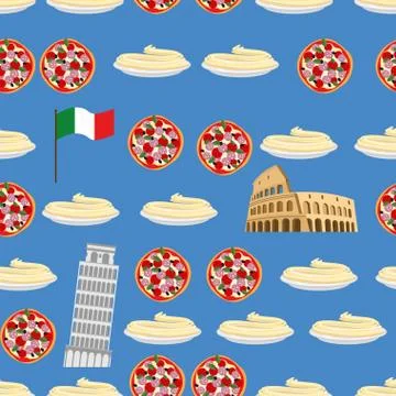 Italy seamless pattern. Sightseeing: leaning tower of Pisa, Colosseum, and na Stock Illustration