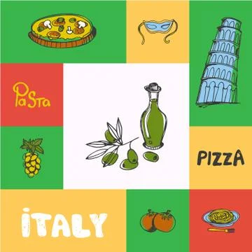 Italy Squared Doodle Vector Concept Stock Illustration