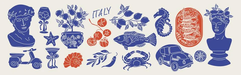 Italy summer vacation elements set. Hand drawn vintage doodle drawing. Stat.. イラスト素材