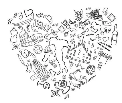 Italy symbol on heart shape  element Doodle Art Illustration. Hand Drawn Ve.. Stock-Illustration