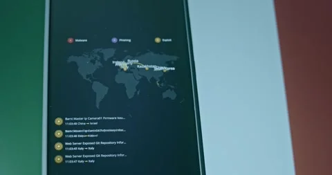 Italy as target of multiple cyberattacks, live map and flag of Italy on Video stock 310845500
