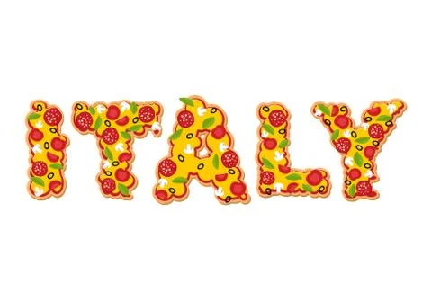 Italy text from slice of pizza. Appetizing text of fast food. Typography of t Stock Illustration