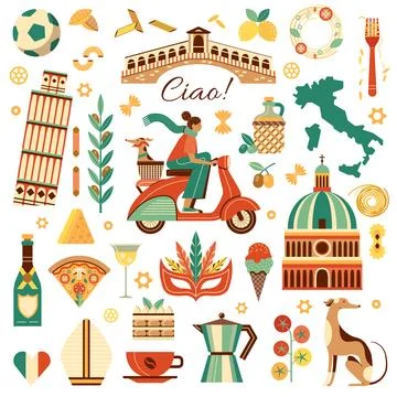 Italy Travel Design Elements Set in Retro Style Stock Illustration