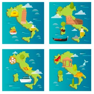 Italy travel map vector attraction tourist symbols sightseeing world italian Stock Illustration