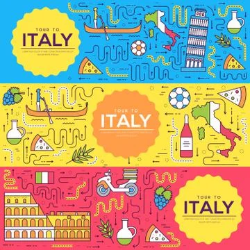 Italy vector brochure cards thin line set. Country travel template of flyear Stock Illustration