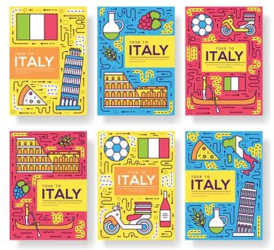 Italy vector brochure cards thin line set. Country travel template of flyear Illustrazione stock