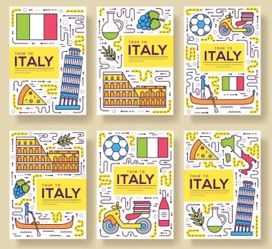 Italy vector brochure cards thin line set. Country travel template of flyear Stock Illustration