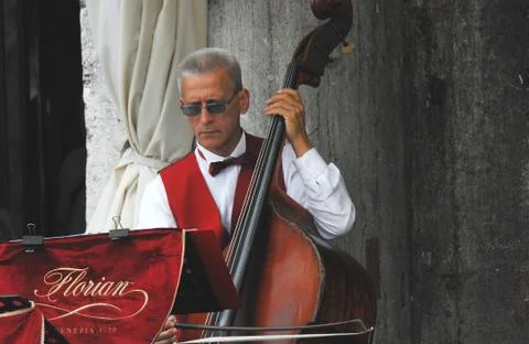 Italy- Venice- Close Up of the Bass Player at the Cafe Florian Stock Photos