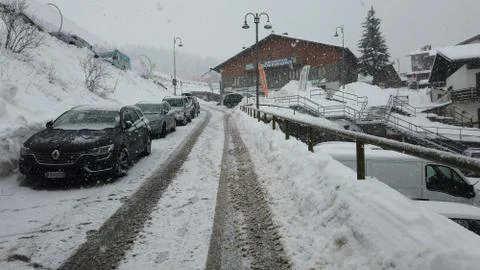 Italy. View of the village at Monte Pora ski area during a snowfall Stock Photos