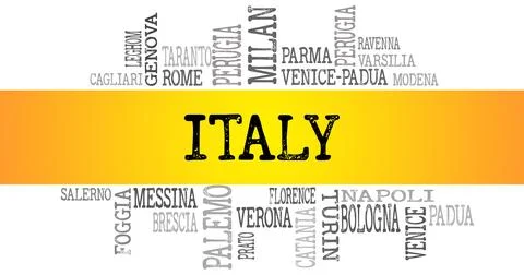  Italy Word Cloud Featuring Cities on Gradient Orange Background Stock Illustration