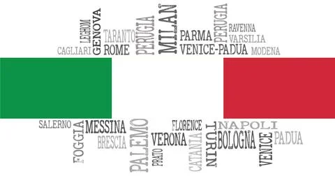 Italy Word Cloud Featuring Cities on Gradient Orange Background Illustrazione stock