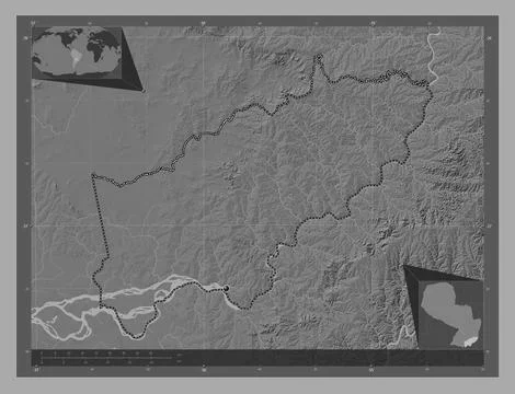 Itapua, Paraguay. Bilevel elevation map with lakes and rivers 스톡 일러스트