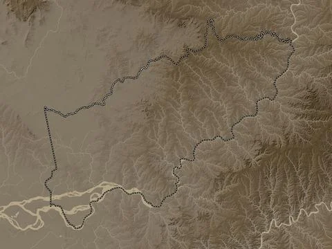 Itapua, Paraguay. Elevation map colored in sepia tones with lakes and rivers Illustrazione stock