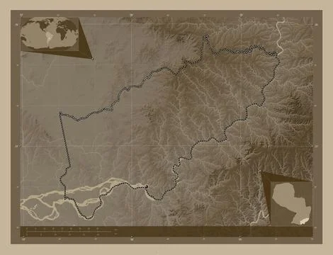 Itapua, Paraguay. Elevation map colored in sepia tones with lakes and rivers 스톡 일러스트