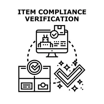 Item compliance verification process checking product quality Illustrazione stock