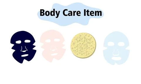 Items and elements for body care. Bathroom items, fabric face masks and sponge Stock Illustration