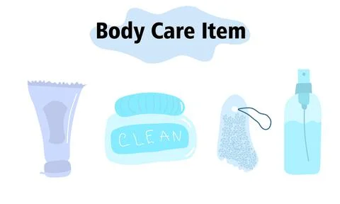 Items and elements for body care. Bathroom items, a tube and a jar of cream, a Stock Illustration