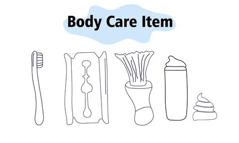 Items and elements for body care. Bathroom supplies, shaving kit and toothbrush 스톡 일러스트