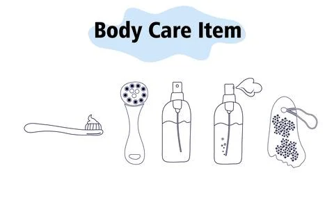Items and elements for body care. Bathroom items, body massage brush, pumice Stock Illustration