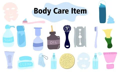 Items and elements for body care. Bathroom supplies, cosmetics, razor 스톡 일러스트