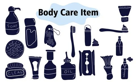 Items and elements for body care. Bathroom supplies, cosmetics, razor Stock Illustration