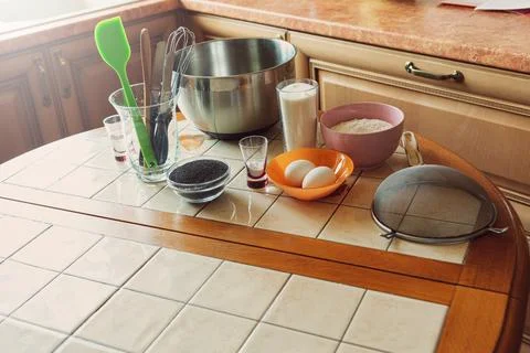 Items and products for making a cake on the table Stock Photos