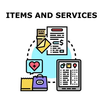 Items and services concept with digital shopping and delivery Stock Illustration