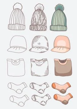 Items of clothing. Things - hat, cap, socks, t-shirt. Different design options - Illustrazione stock