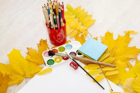 Items for creativity in autumn leaves Stock Photos